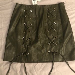 NEW WITH TAGS - Khaki leather tie up mini skirt